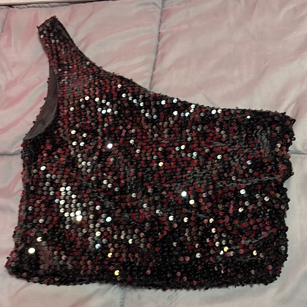 Black Sequin One Shoulder Crop Top